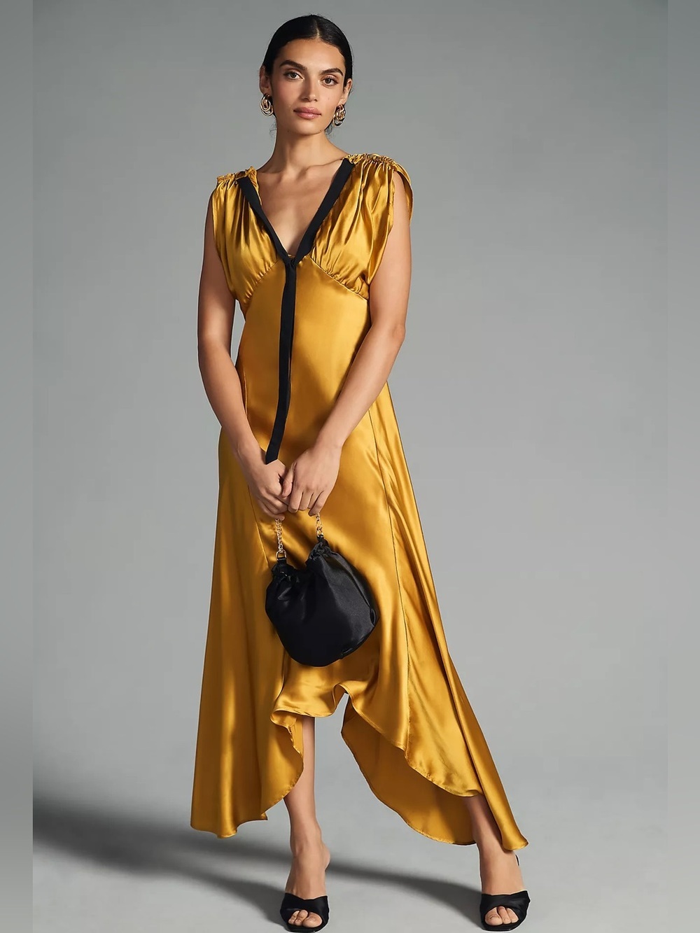 Anthropologie Silk Mustard Gold Ruched Shoulder Dress Black Trim Size 00